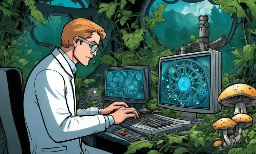 Un científico analizando datos en una pantalla de ordenador en medio de hongos, con vegetación y engranajes en el fondo.