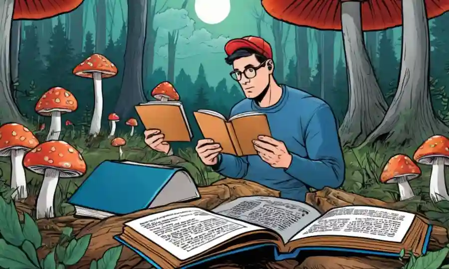 Persona estudiando setas con libros de identificación sobre fondo forestal.