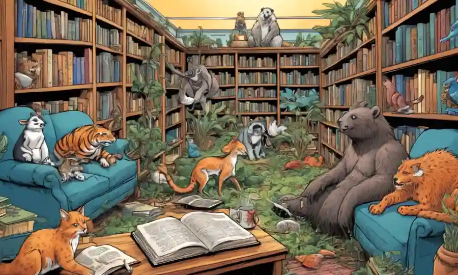 Una ilustración de varias especies animales interactuando en relaciones simbióticas, rodeadas de estanterías y recomendaciones de lectura.