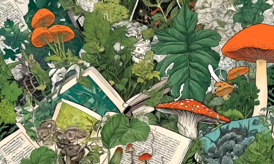 Un collage de plantas, hojas y hongos rodeado de cubiertas de libros.