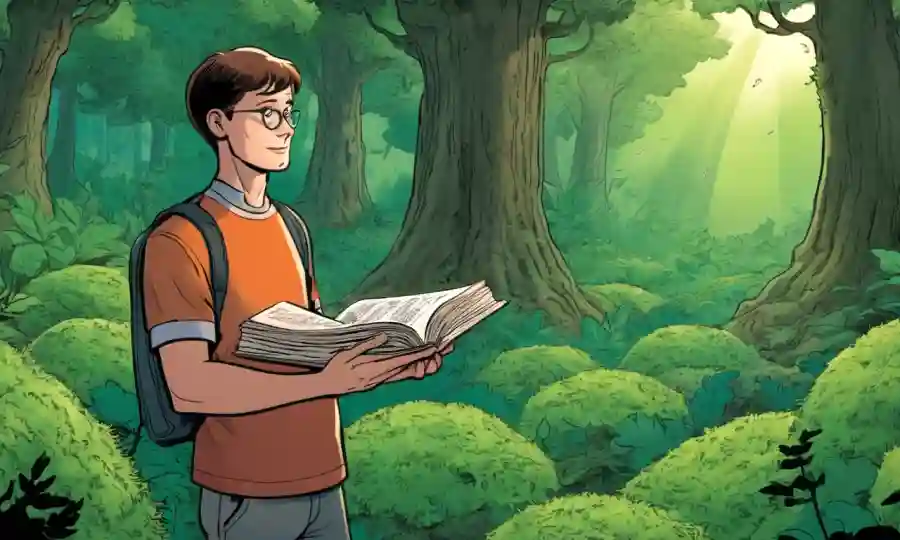 Persona sosteniendo un libro sobre ecología de hongos forestales en medio de vegetación exuberante.