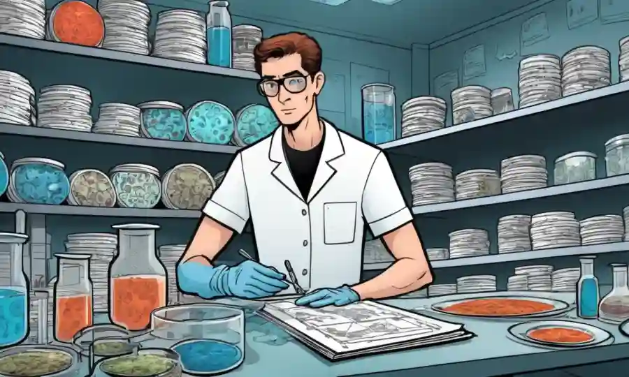 Un micólogo que estudia muestras de hongos en platos petri en un laboratorio, rodeado de montones de documentos de investigación.