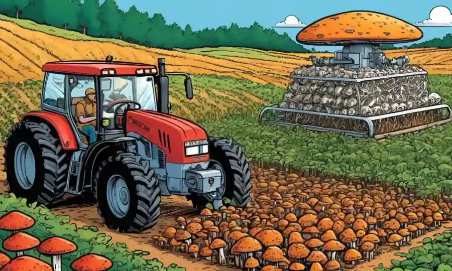Los agricultores monitorean maquinaria de cultivo de hongos con datos de coste y recursos mostrados.