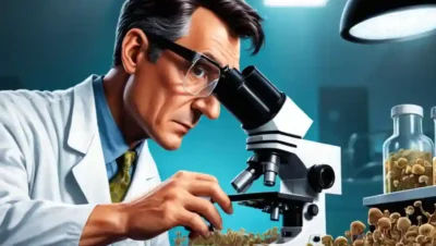 Científico inspeccionar muestras de hongos a través de un microscopio en un entorno de laboratorio.