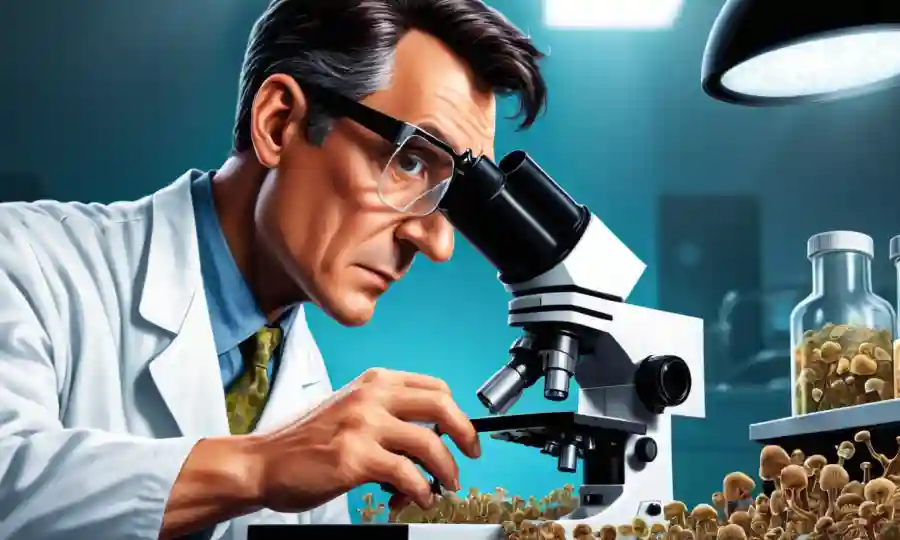 Científico inspeccionar muestras de hongos a través de un microscopio en un entorno de laboratorio.