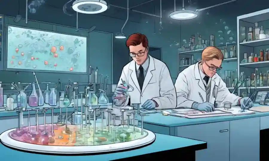 Científicos que trabajan en una mesa de laboratorio rodeada de micropipettas, platos Petri y gráficos de datos con un toque sutil de hongos creciendo cerca.