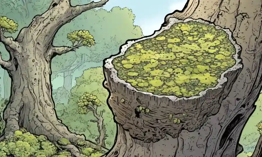 Un liquen que crece en un tronco de árbol con cuadros de texto que explican características y hechos.