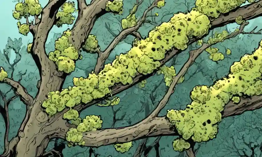 Ilustración de líquenes creciendo en ramas de árboles con fondo ecológico.
