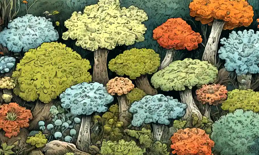 Una ilustración colorida de varias especies de líquenes con texto superpuesto presentando información sobre ellas.