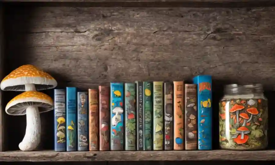 Libros e ilustraciones de hongos en un estante rústico.