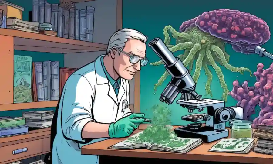 Un investigador que examina las culturas microbianas bajo un microscopio con libros clásicos de biocontrol cercanos.