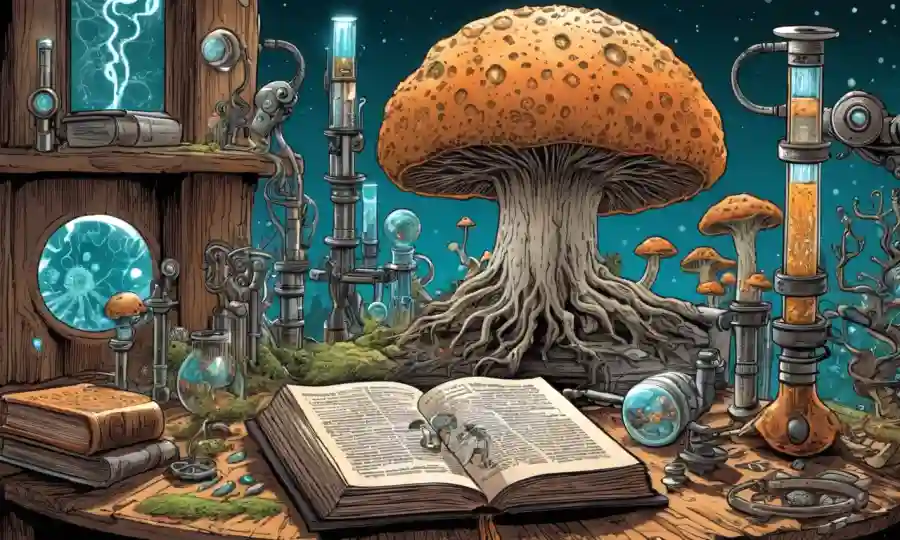 Un micelio fúngico que crece de libros antiguos rodeado de microscopios futuristas y tubos de ensayo.