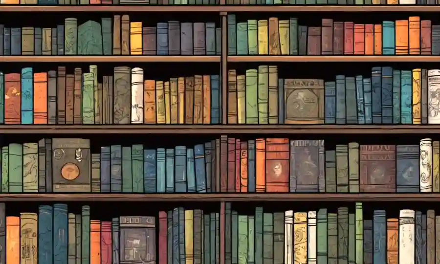 Una librería llena de géneros literarios títulos en orden alfabético contra un fondo sutil.
