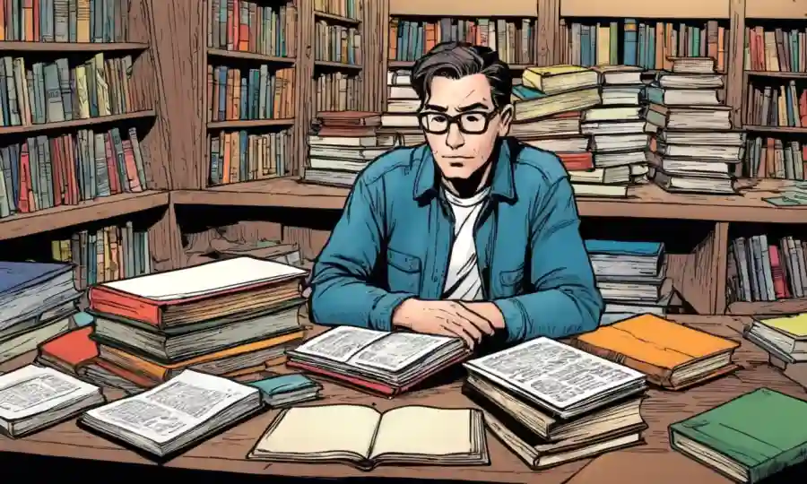 Una persona rodeada de libros sobre tablas, sosteniendo un libro de taxonomía con expresiones reflexivas.