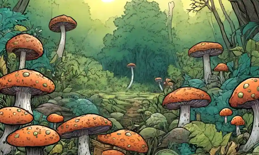 Ilustraciones de esporas junto con cubiertas de libros y escenas de la naturaleza.