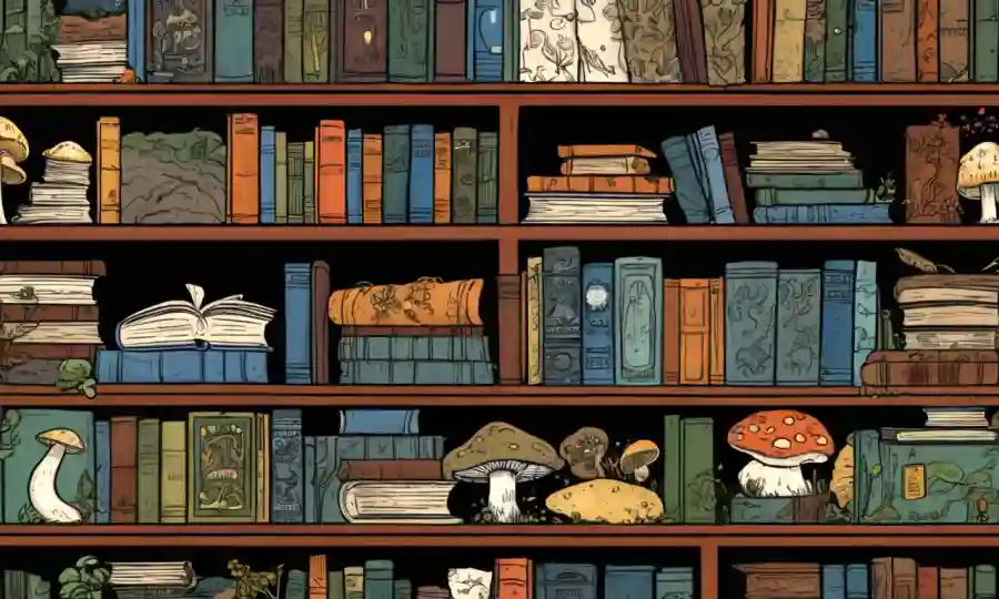 Estantes llenos de libros y papeles relacionados con hongos.