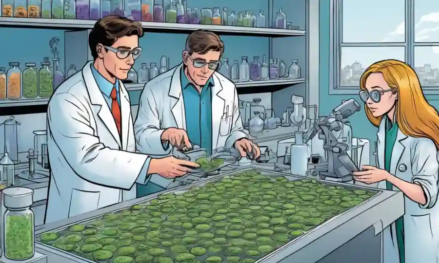 Investigadores científicos que estudian esporas en entornos de laboratorio.