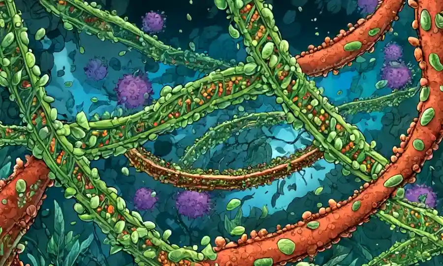 Proceso de secuenciación de ADN con células microbianas y vegetales en proximidad.