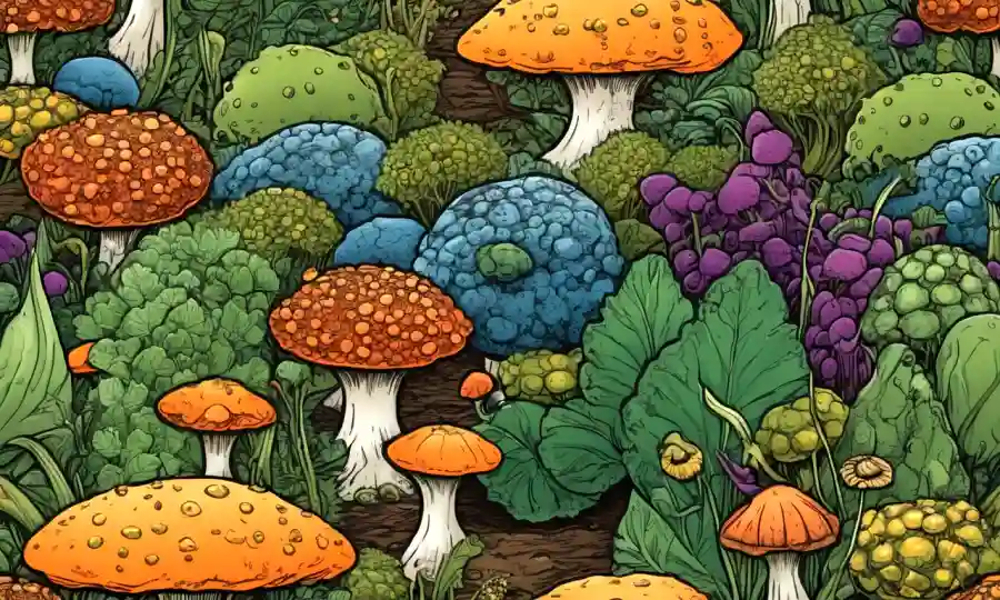 Campos de agricultores que muestran diversos cultivos creciendo entre las redes de hongos.