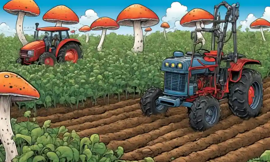 Fungi creciendo alrededor de cultivos orgánicos con equipos agrícolas cercanos.