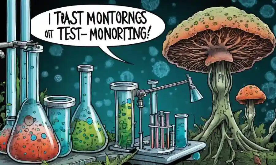 Imagen microscopio de organismos fúngicos con gráficos y tubos de ensayo en el fondo indicando el monitoreo de enfermedades.