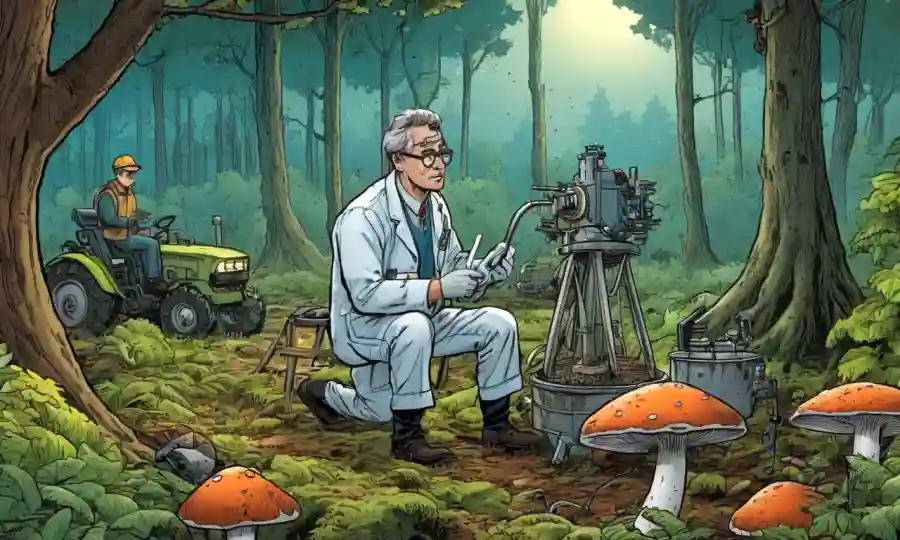 Un científico observando hongos en un bosque, rodeado de árboles y equipos agrícolas.