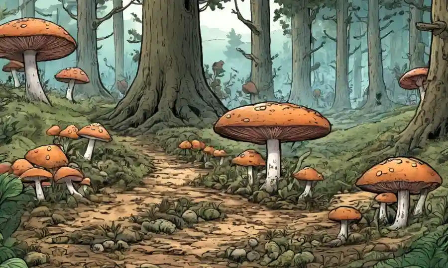 Una escena forestal que muestra hongos afectados por prácticas agrícolas agrícolas.