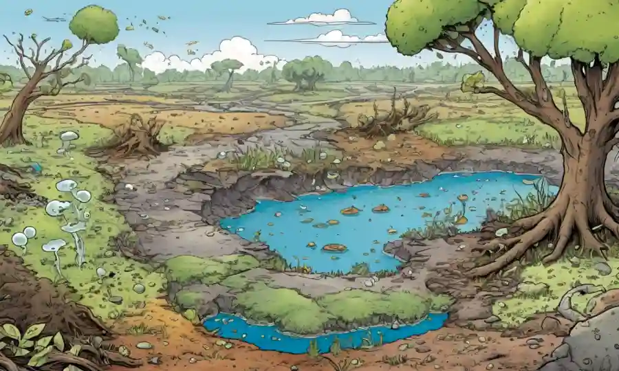 Imagen que muestra la materia orgánica siendo descompuesta por microorganismos en un ecosistema natural con sutiles indicios de contaminación.