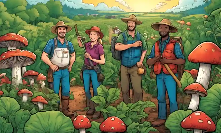 Un grupo diverso de agricultores rodeados de cultivos exuberantes y hongos felices, representando prácticas agrícolas sostenibles.