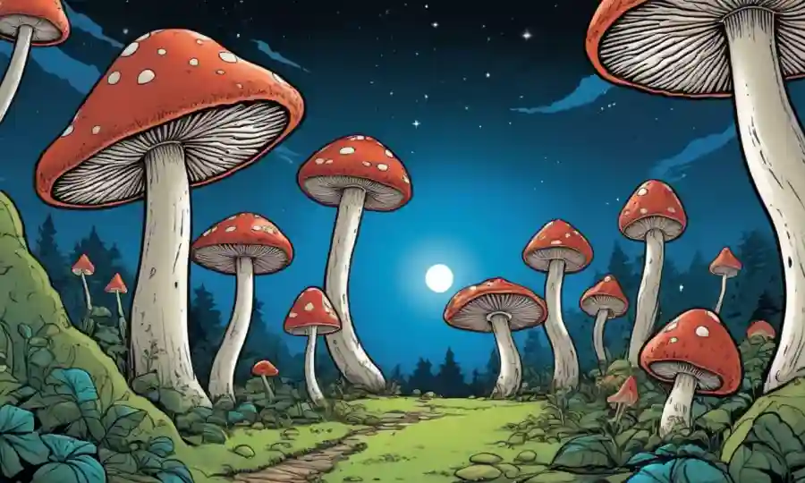 Efectos mágicos de hongos que se transforman de pequeños a grandes tamaños bajo una práctica de magos.