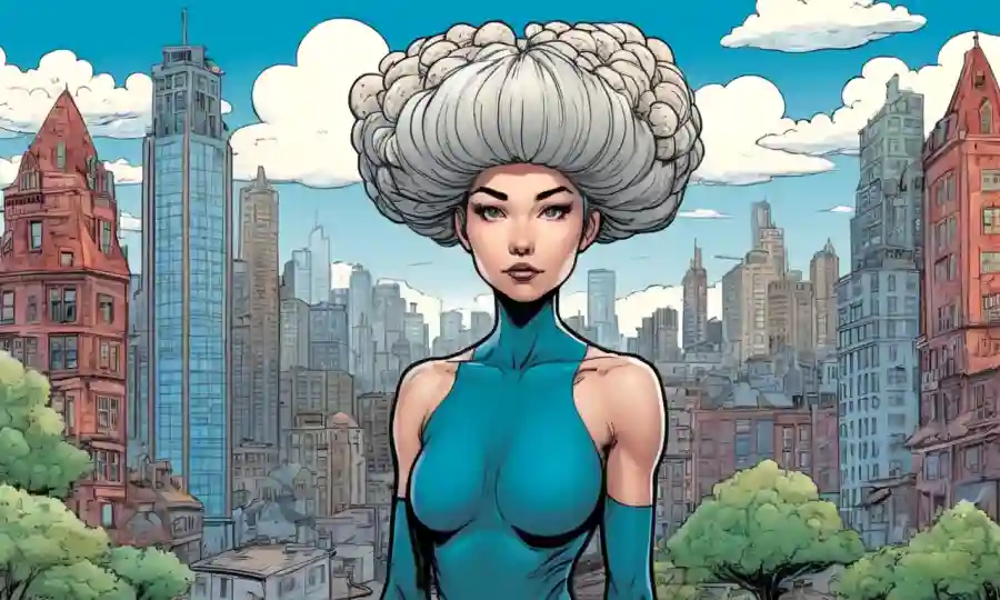 Mujer con pelo inspirado en hongos de pie delante de un paisaje urbano transformador.