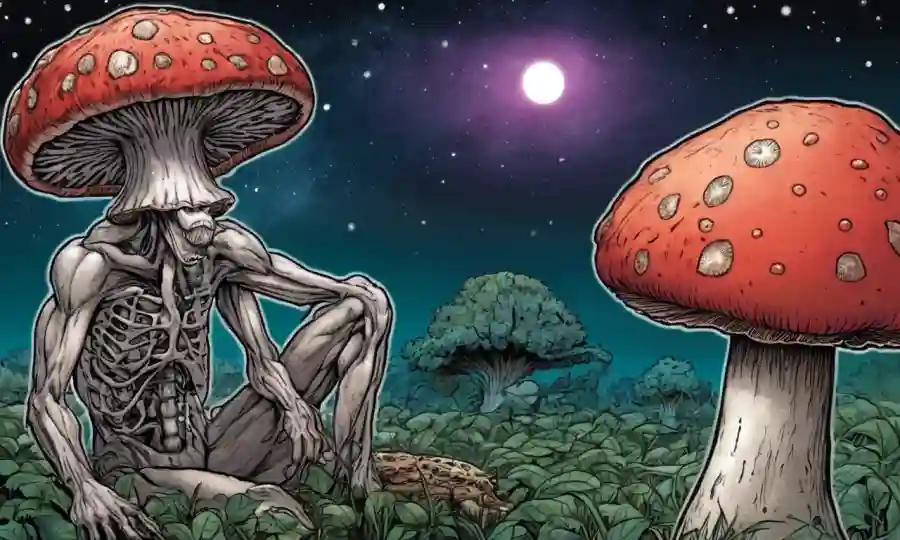 Un hongo con un cerebro humano en el fondo, representando implicaciones terapéuticas y potencial futuro.