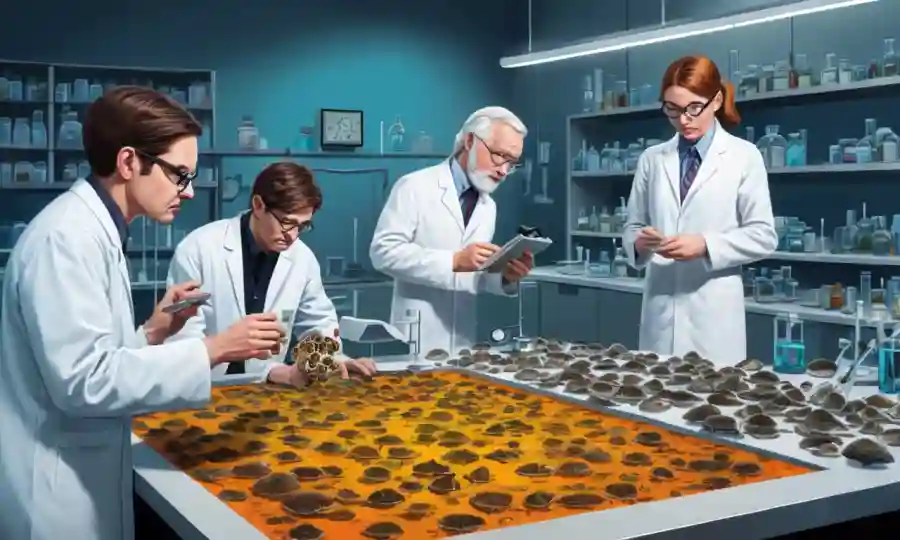Científicos que examinan especímenes de hongos en un ambiente moderno de laboratorio.