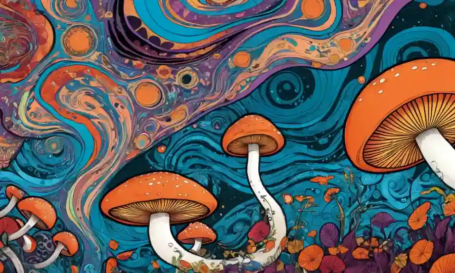 Persona sosteniendo hongos, rodeado de patrones abstractos y colores giratorios.