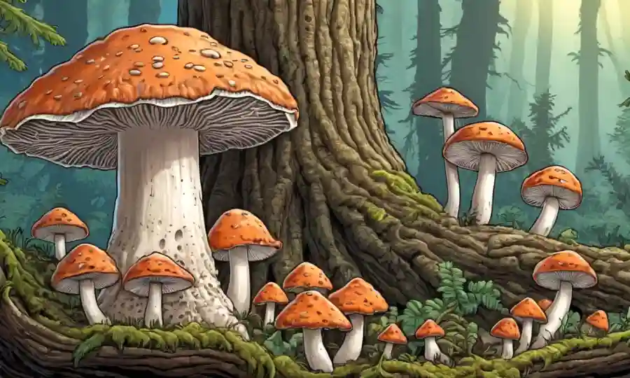Una ilustración colorida de hongos de ostra que crecen en un hongo de árbol, con varias especies comestibles de hongos representados en el fondo.