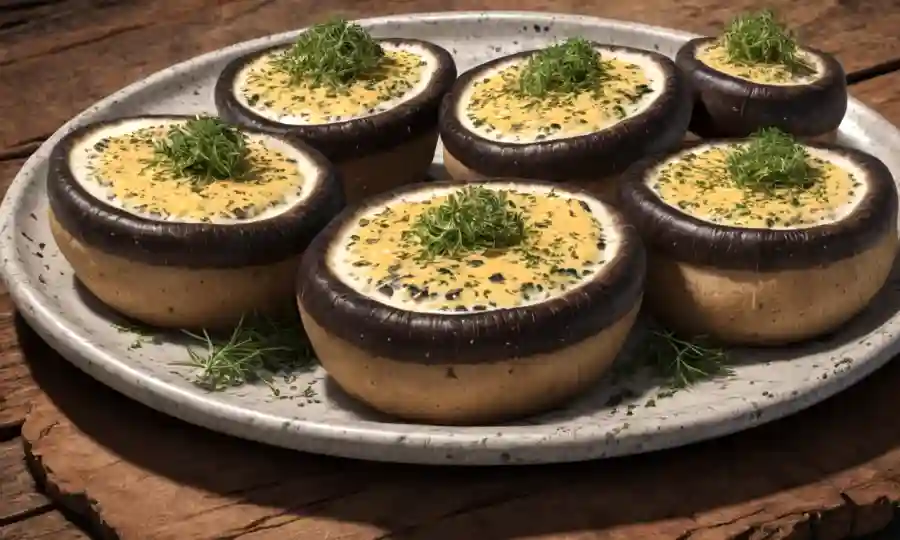 Setas grandes portobello con queso y hierbas colocadas en un plato rústico.
