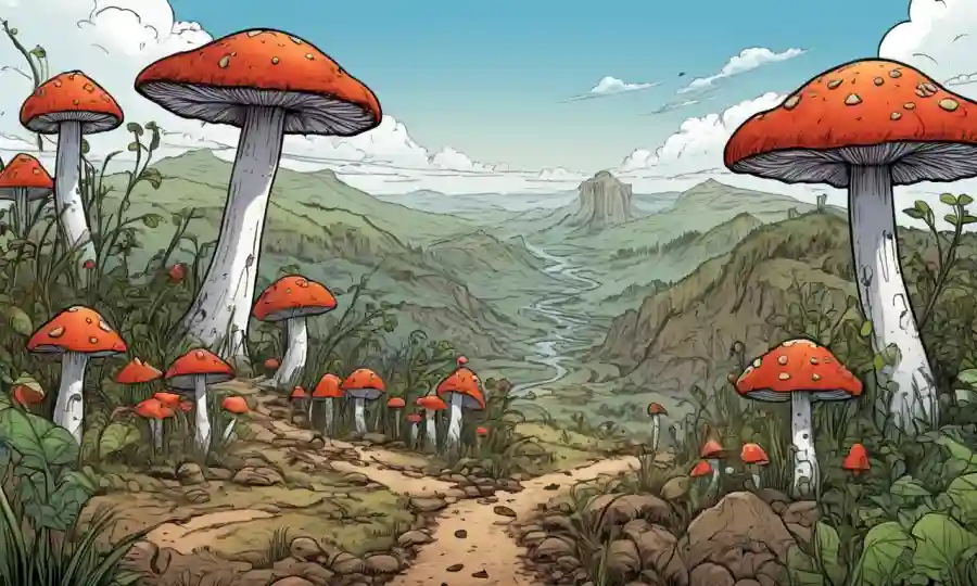 Mushrooms growing amidst a devastated landscape with eco-friendly initiatives being implemented.