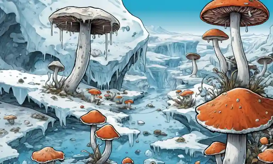 Imagen de varias especies de hongos entre ilustraciones de capas de hielo fundido y gráficos de impacto ambiental.