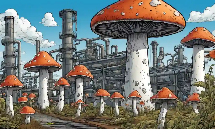 Ilustraciones de hongos rodeados de procesos y materiales industriales.