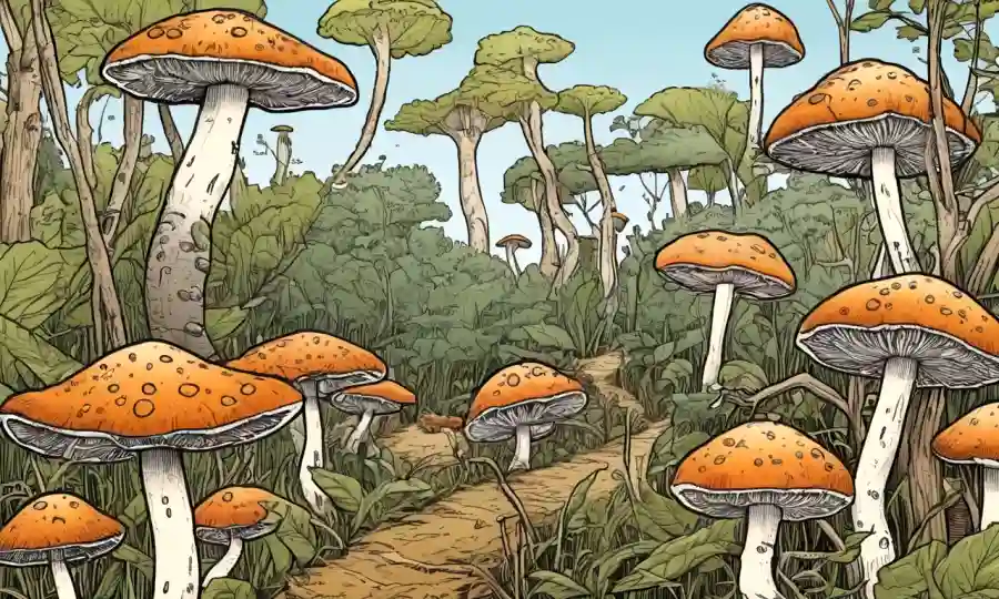 Crecimiento de hongos entre las fibras naturales, con diagramas que ilustran sus aplicaciones potenciales en el desarrollo de materiales.