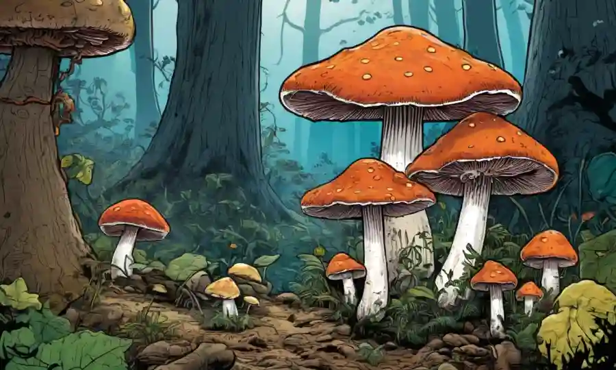 hongos silvestres que prosperan en un ecosistema con cadenas de alimentos conectadas.