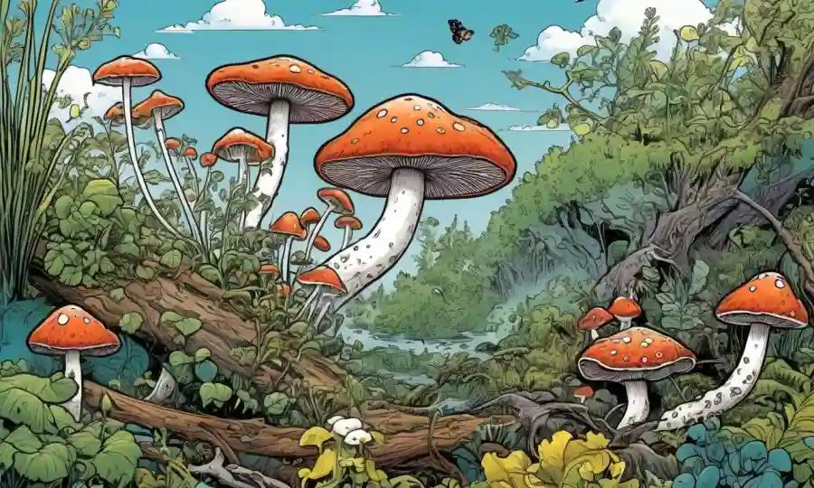 Ilustraciones de hongos interactuando con plantas y animales en ecosistemas.