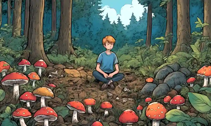 Una persona sentada en el suelo forestal alrededor de hongos, rodeada de naturaleza.