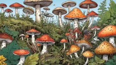 Una colección de especies de hongos inusuales de diferentes partes del mundo contra un fondo natural.