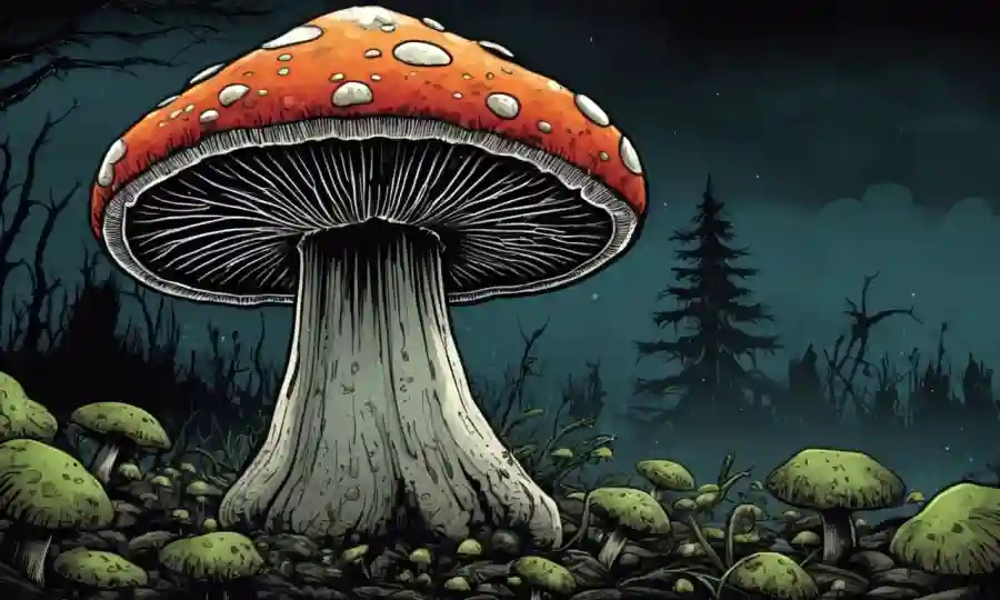 Un hongo tóxico ilustrado contra un fondo oscuro con efectos mortales enumerados.