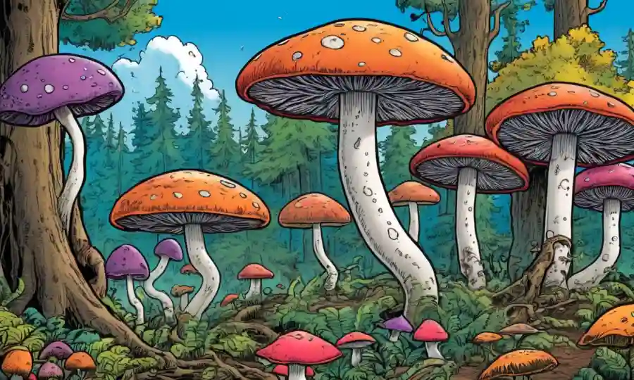 Fungi creciendo entre árboles con colores vibrantes