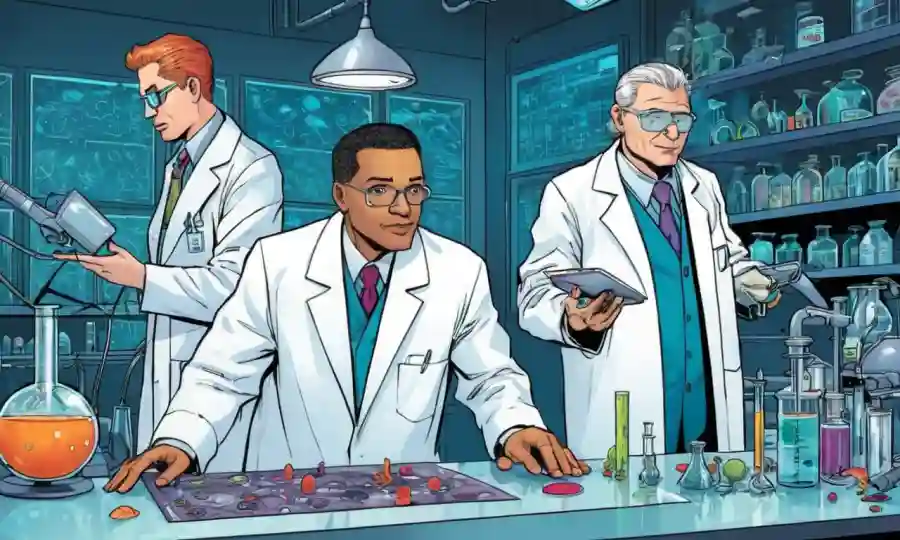 Científicos en capas de laboratorio investigando hongos y tecnología futurista.