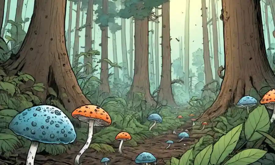 Redes fúngicas y microorganismos derribando materia orgánica en un ecosistema forestal.