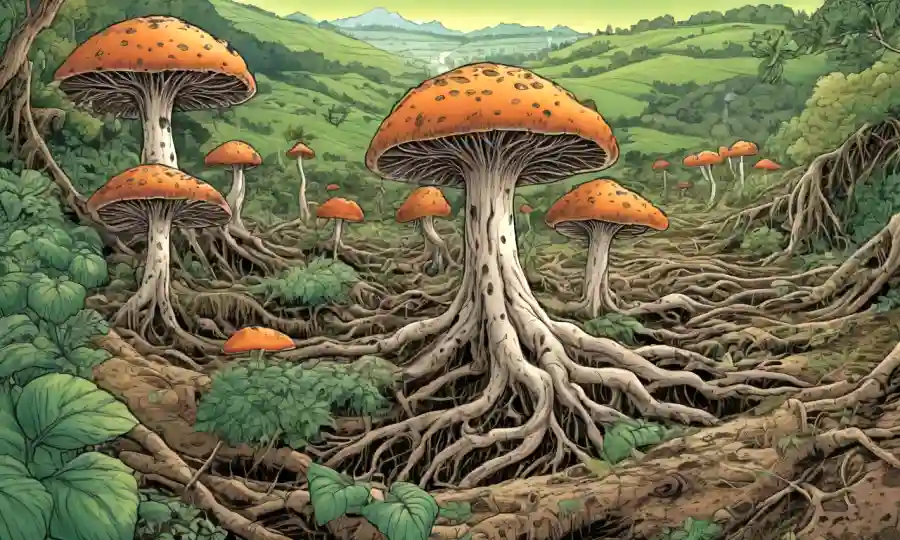 Red de hongos entrelazada con raíces vegetales en un exuberante paisaje agrícola.