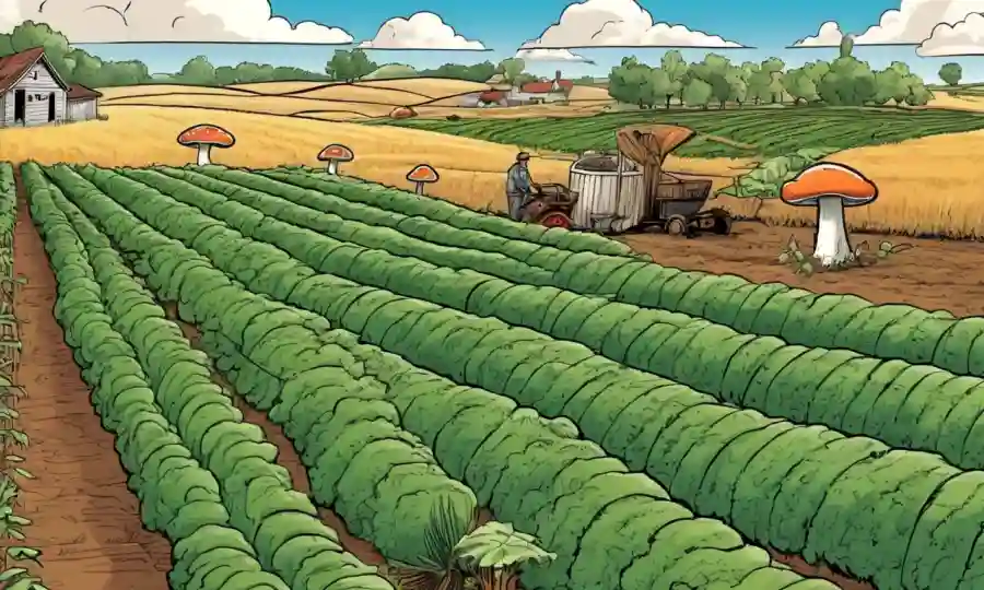 Fungi creciendo en cultivos en medio de paisajes agrícolas con infografías y gráficos.